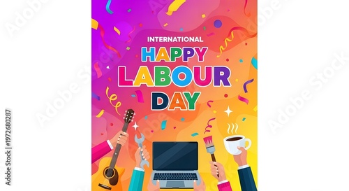 A vibrant illustration celebrates international labour day with colorful text and depictions of various professions high quality professional detailed modern elegant stylish