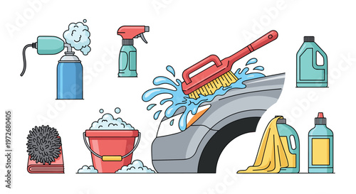 A comprehensive set of car detailing tools and cleaning supplies including a soapy bucket and scrub brush are displayed around a grey vehicle fender.