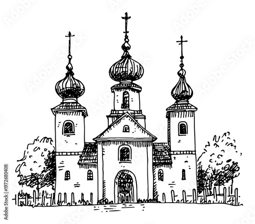 Baroque church building with onion domes and crosses in hand drawn sketch style