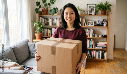 Woman Holding Moving Box in Cozy Living Room for Home Relocation
