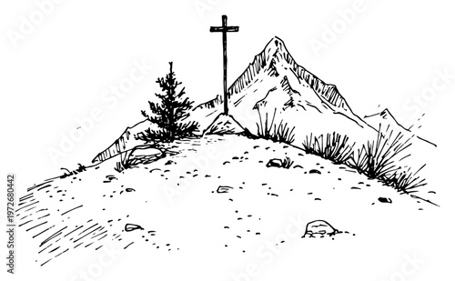 Mountain peak with summit cross and pine tree on rocky hill in hand drawn sketch style