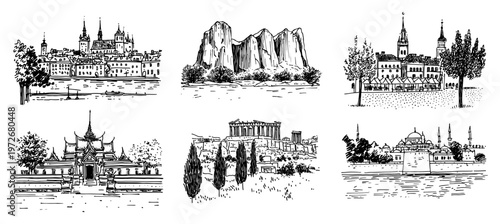World landmarks and historical monuments collection with cities and temples in hand drawn sketch style