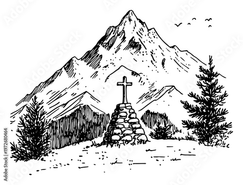Alpine mountain landscape with summit cross and evergreen trees in hand drawn sketch style