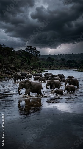 Elephants Crossing River Under Storm Clouds