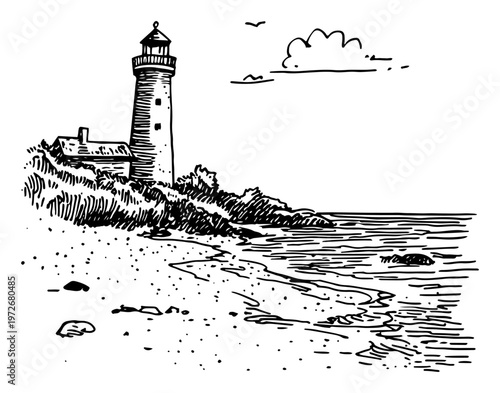 Lighthouse stands on sandy beach beside sea waves in sketch style