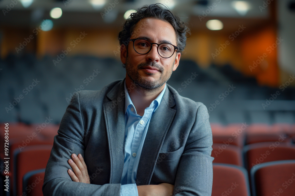 Fototapeta premium Economist and CEO of a company at a convention center.