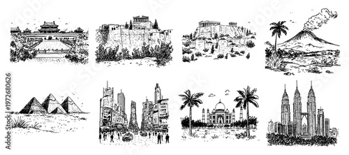 Iconic travel destinations and historic monuments set featuring city skylines and pyramids in sketch style