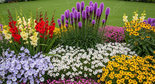 Vibrant summer flower bed with liatris gladiolus and black eyed susans