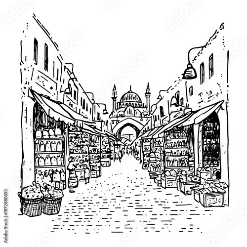 Oriental bazaar market street with mosque and traditional stalls in hand drawn sketch style