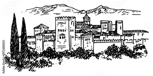 Historical fortress palace on a hill with mountain backdrop in ink sketch style