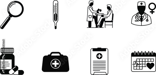 Medical icons set healthcare diagnosis treatment and wellness visual representation in black and white