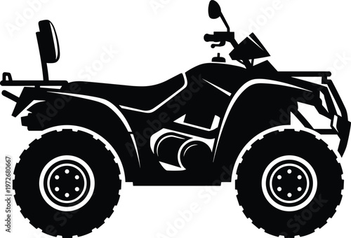 Black flat vector silhouette of an all-terrain vehicle ATV quad bike designed for off-road adventure, extreme sports, outdoor recreation, and rugged wilderness transportation.