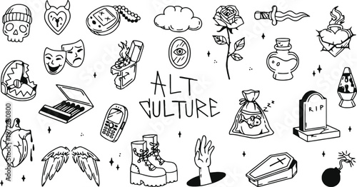 Alt Culture Tattoo Style Doodle Collection with Skulls and Hearts Keywords: alt culture, tattoo style, doodle, illustration, skull, heart, rose