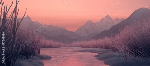 Serene Mountain Landscape with Pink Hues and Reeds by a Gentle River