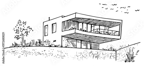 Modern minimalist villa with large balconies on a grassy hill in hand drawn doodle style