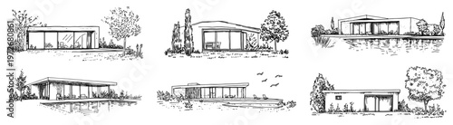 Modern single story houses with swimming pools and gardens set in hand drawn sketch style