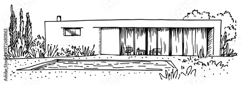 Modern minimalist house with a swimming pool and cypress trees in hand drawn sketch style