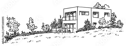 Two story modern house on a grassy hill with gardens in hand drawn doodle style