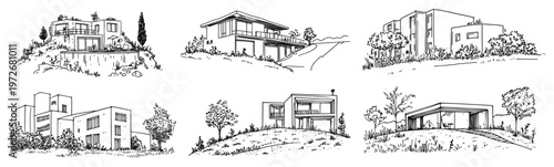 Contemporary architecture villas on grassy hills in hand drawn sketch style