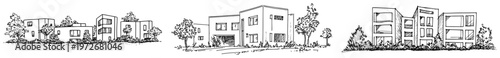 Modern residential buildings with cubic architecture and small trees in hand drawn sketch style