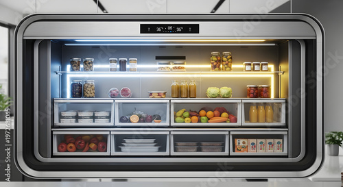 Wide Interior View of a Smart Refrigerator with Digital Temperature Controls and Organized Food Storage, Future Kitchen Technology for Fresh Ingredient Preservation