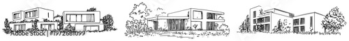 Modern residential building complexes in landscape panorama in hand drawn sketch style
