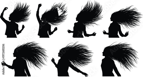 Dynamic hair silhouettes, dancing motion, expressive posture, flowing hairstyle, energetic lifestyle, modern design, individuality concept, fashion illustration, minimal art, movement