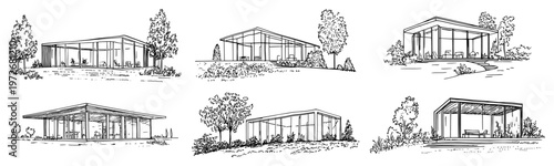 Modern glass pavilions with minimalist architecture in garden settings sketch style