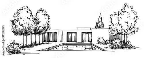 Modern villa with swimming pool and landscaped garden in sketch style