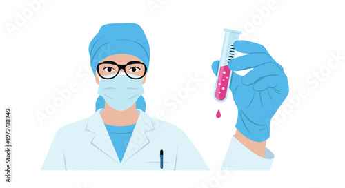 A female medical scientist wearing a protective face mask and goggles holds a glass test tube filled with bubbling pink liquid against a white backdrop.