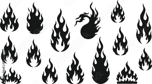 Collection of Black Flame Icons and Silhouettes on White Background fire symbol