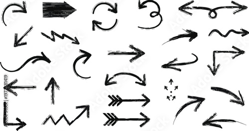 Collection Of Hand Drawn Black Arrows And Symbols On White Background direction pointer