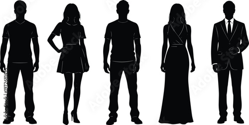 Silhouettes of people, casual attire, formal clothing, fashion diversity, posture variety, lifestyle illustration, modern design, individuality, human form, minimal art