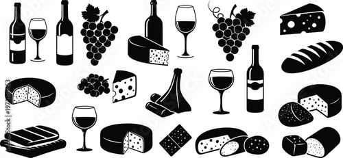 Elegant black and white illustration of wine cheese and grapes for a gourmet food aesthetic