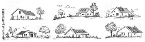 Eco friendly homes with solar energy systems and gardens in hand drawn doodle style