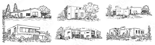 Modern minimalist villa architecture and contemporary house designs in hand drawn sketch style