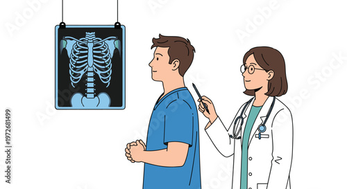 A professional female physician wearing a stethoscope meticulously points at a male patient's spine while examining a detailed chest X-ray in a bright clinic.