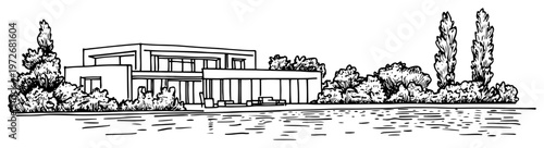 Luxury modern villa panorama overlooking water with trees in hand drawn sketch style