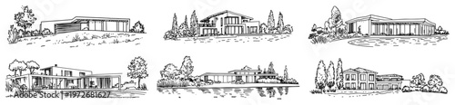 Modern luxury villas and contemporary houses collection in hand drawn sketch style