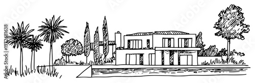 Modern Mediterranean villa with swimming pool and palm trees in hand drawn sketch style