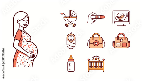 Pregnancy and baby preparation icons set.