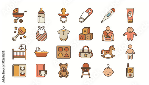 Colorful baby and childcare icons set.
