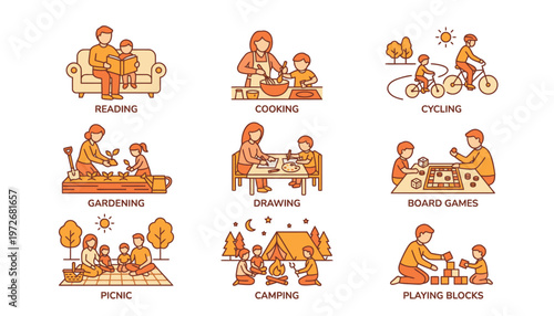 Vector illustrations of family leisure activities.
