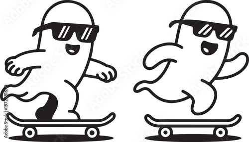 Two cheerful cartoon ghost characters wearing sunglasses happily skateboarding on a white background