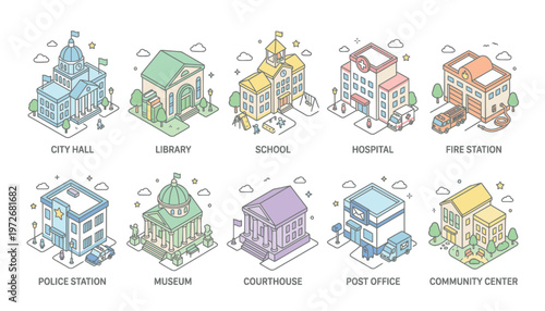 Colorful illustrations of public buildings.