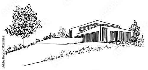 Modern minimalist house on a hill with deciduous tree in hand drawn sketch style