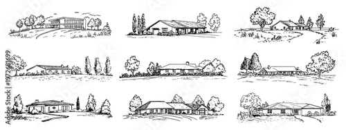 Suburban houses and residential ranch homes collection in hand drawn sketch style