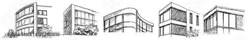 Modern building facade and glass corner architecture studies in sketch style