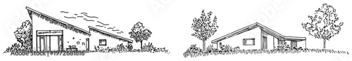 Modern residential houses with slanted roofs and garden trees in sketch style