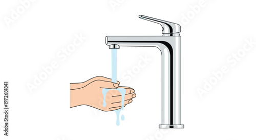 Two clean hands are positioned directly under a sleek chrome faucet to catch a refreshing stream of clear water against a bright and pristine white background.